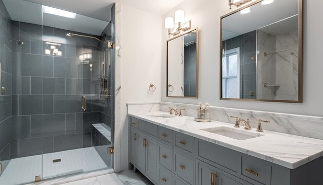 An elegant, remodeled bathroom with a grey vanity and bronze hardware. The shower has a large shower head and marble tiles and glass wall line the sides