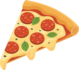 Pepperoni pizza slice vector illustration with melting cheese and fresh basil leaves on a golden crust