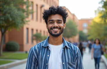 Fototapeta premium Young Indian man smiles happily outdoors in front of academic buildings. He looks toward camera with curly hair and beard wearing striped shirt over white tee. Successful student posing confidently.