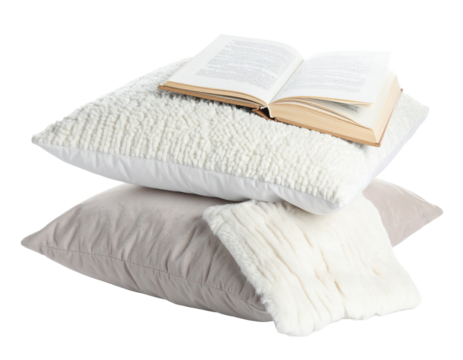 White Cozy Pillow and Book for Comfortable Winter Reading Time