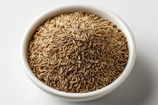 Close up of aromatic cumin seeds filling a white bowl on a white surface ready for cooking and adding flavor to food dishes
