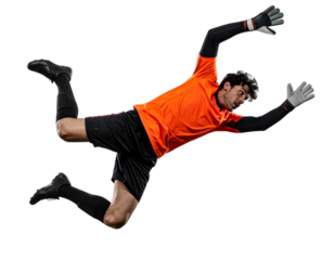 Soccer Goalkeeper Diving Mid-Air to Catch Ball, Full Body Action, Isolated on Transparent Background