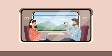 People Traveling by Train Enjoying the Scenic View. Passenger seat. Window train from outside. People on the business class train.