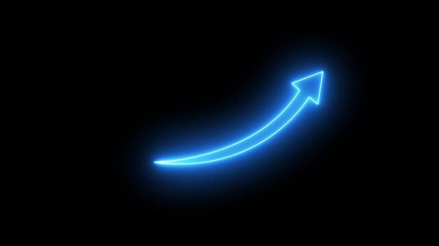 Glowing blue neon arrow ascending curve on black background abstract concept for growth progress success and positive trend