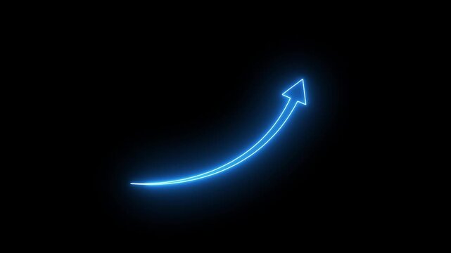 Glowing blue neon arrow rising upwards on black background symbolizing growth progress success and positive trend abstract digital animation