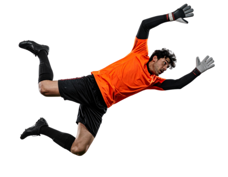 Soccer Goalkeeper Diving Mid-Air to Catch Ball, Full Body Action, Isolated on Transparent Background