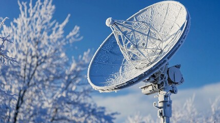 Satellite dish covered in snow with trees in the background on a clear winter day