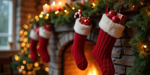 Cozy Christmas Fireplace with Red Knitted Stockings, Festive Garland, and Warm Lights, Creating a Perfect Holiday Ambiance at Home.