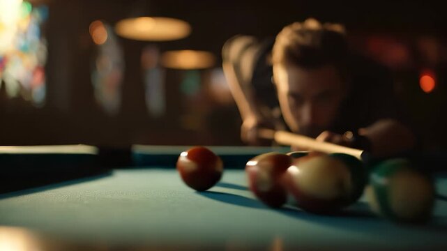 A man leans over a green felt pool table, aiming carefully at the red billiard ball. The man is focused on the shot while colorful billiard balls are positioned nearby.