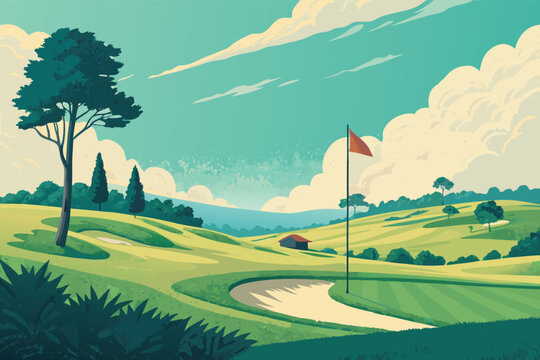 Expansive, sun-drenched golf course landscape, meticulously manicured fairways, serene water hazards, distant trees, clear blue sky, flag on green.