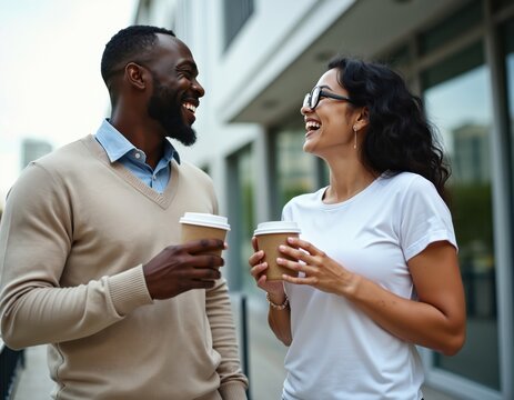 A man and woman share a laugh holding coffee cups. They stand outside a modern office building in casual attire. This depicts a friendly work break between colleagues.