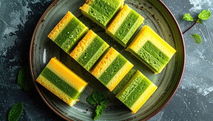 Overhead view of layered dessert slices with green and yellow stripes arranged on a dark textured plate garnished with fresh mint leaves and a dark moody background