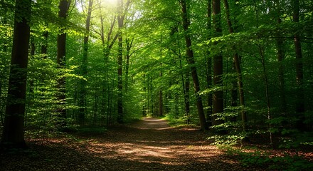 Obraz premium Sun-dappled forest path winding through a vibrant green woodland, inviting exploration and offering a serene escape into nature's tranquil beauty