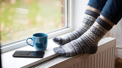 Cozy indoor scene showing feet in gray Fair Isle patterned socks resting on white radiator warm comfort and relaxation concept