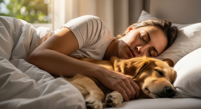 Peaceful woman sleeping soundly in bed, lovingly embracing her golden retriever dog in the morning light. - Powered by Adobe