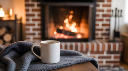Cozy winter scene featuring white ceramic coffee mug sitting on dark gray knit blanket warm comfort home relaxation concept