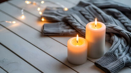 Cozy winter scene featuring two white pillar candles burning on light gray wooden plank background warm relaxation and home comfort concept