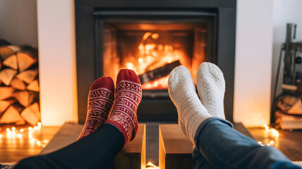 Cozy winter scene showing two pairs of feet in warm socks relaxing near fireplace home comfort and relaxation concept