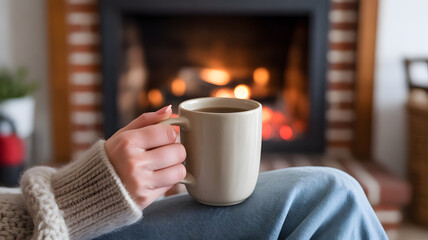 Cozy winter scene showing warm fireplace burning in background home comfort and relaxation concept