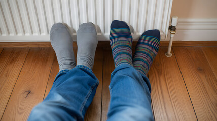 First-person perspective photograph showing feet and legs resting on wooden floor beside white radiator home warmth and comfort concept