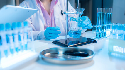 Two chemists in white lab coats working together in a modern laboratory surrounded by scientific...