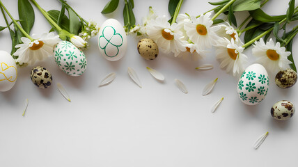 Flat lay photograph of Easter and spring-themed decorations arranged on pure white background holiday design concept