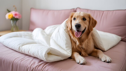 Golden Retriever dog lying on white comforter placed on pink couch cozy home pet comfort and relaxation concept
