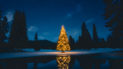 Nighttime winter landscape photograph showing decorated Christmas tree reflected in still lake festive holiday season concept