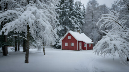 Serene winter landscape photograph showing small red cottage surrounded by snow-covered trees peaceful countryside scene concept