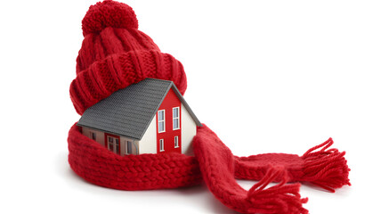 Small model house wrapped in bright red knitted winter scarf and hat against pure white background home protection warmth and winter concept