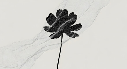 A single black flower with a stem on a white background with marble like gray streaks flowing behind it
