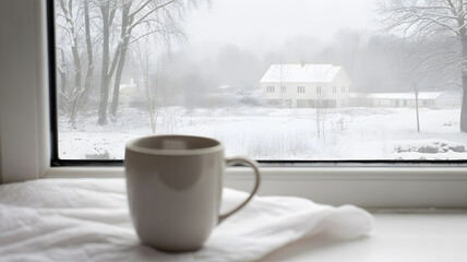 Serene winter scene photographed through window showing snow-covered view peaceful cozy atmosphere home comfort concept