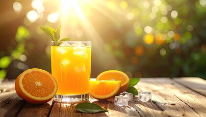 Refreshing Orange Juice In A Tall Glass With Ice And Mint Garnish Surrounded By Fresh Sliced Oranges On A Wooden Table With Bright Sunlight And Bokeh Background