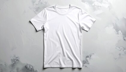 Plain White T-Shirt Laying Flat on a Textured Gray Background with Silver Glitter Accents