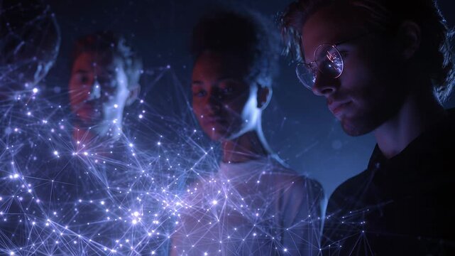 Modern digital workspace with luminous symbols and focused developers, Cuttingedge electronic displays showcase coding activities by concentrated