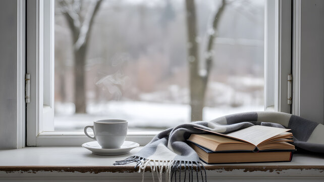 Serene winter scene photographed through white-painted window frame peaceful cozy home atmosphere snow view concept