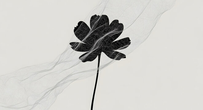 A single black flower with a stem on a white background with marble like gray streaks flowing behind it - Powered by Adobe