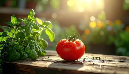 Ripe Red Tomato on Wooden Surface Bathed in Golden Sunlight with Green Herbs and Blurred Garden Background