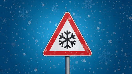 Winter-themed road sign warning against snow conditions transportation safety and cold season travel concept
