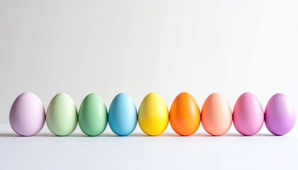 Row of colorful Easter eggs in pastel shades displayed in a line against a clean white background with soft lighting a simple festive decoration representing springtime and celebration
