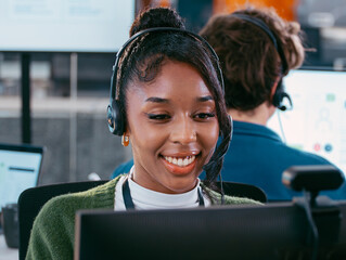 Young Female Customer support representative wearing headset talking consulting CRM, Telemarketing in Call Center office. friendly Customer Service Agent speak with client for Help and Online advice.