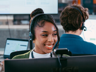 Young Female Customer support representative wearing headset talking consulting CRM, Telemarketing in Call Center office. friendly Customer Service Agent speak with client for Help and Online advice.