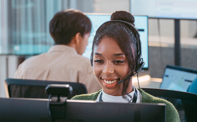 Female Call Center Specialist with Headset Sitting in Corporate Office, Professional Customer Care Representative Engaged in Client Consultation, Online Support, Customer Support, Talking to Customer.