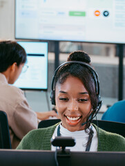 Young Female Customer support representative wearing headset talking consulting CRM, Telemarketing in Call Center office. friendly Customer Service Agent speak with client for Help and Online advice.
