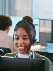Friendly woman call center with headset in Customer Service, Technical IT Support Talking with Customer, Help, Problem Solving, Consulting, CRM virtual communication sit at desk in office
