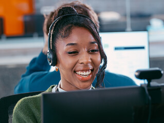 Young Female Customer support representative wearing headset talking consulting CRM, Telemarketing in Call Center office. friendly Customer Service Agent speak with client for Help and Online advice.