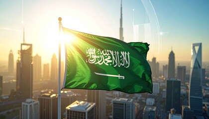 Saudi Arabia flag waving in the wind against a backdrop of modern skyscrapers during a bright sunrise with lens flare illuminating the scene