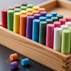Colorful Chalk Sticks in Wooden Tray - Art Supplies for Creative Expression.