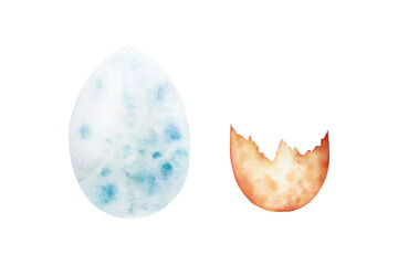 Dinosaur eggs. Watercolor hand drawn prehistoric Brachiosaurus animal. Isolated illustration on transparent background. Perfect for for nursery and baby shower, tropical design projects. For designers