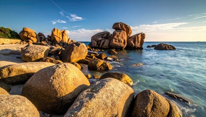 Rocky Shoreline Under Golden Hour Sunlight With Clear Blue Ocean Water And Gentle Waves Washing Over Stones